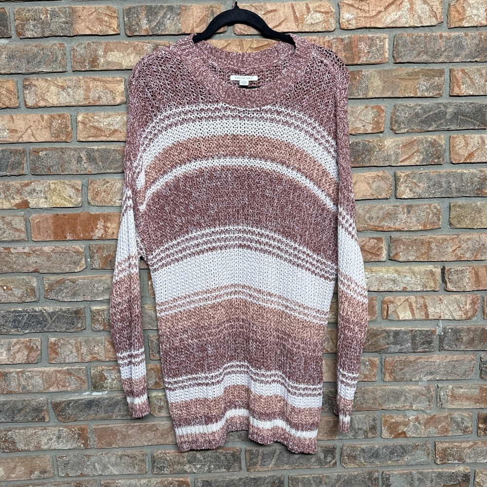 American Eagle Sweater Womens Medium Pink Ivory Striped Oversized Open Knit Cozy